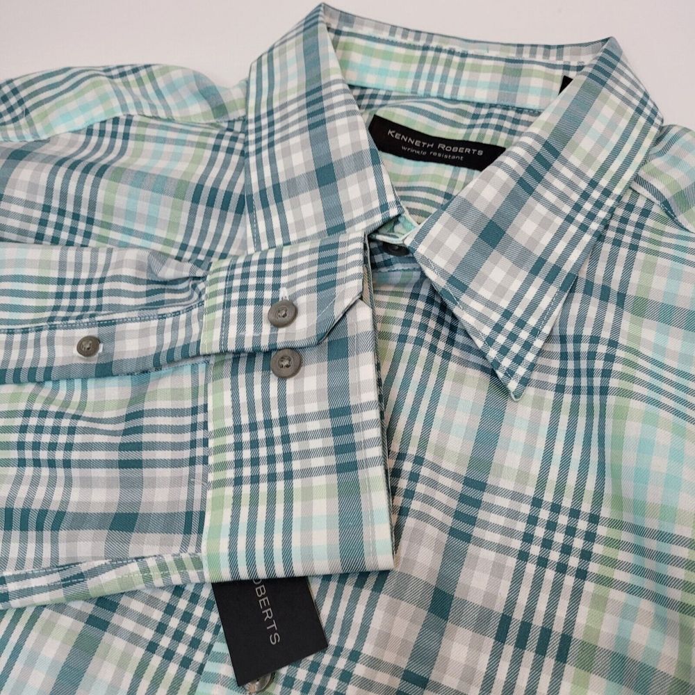 Kenneth Roberts Button Down Shirt Mens XL Soft Teal NEW Wrinkle‎ Resistant Plaid